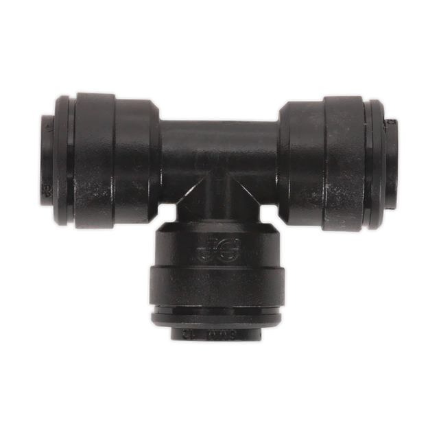 The Sealey Equal Tee 6mm pack of 5 (John Guest Speedfit® - PM0606E, JGCT6) is a black plastic T-shaped push-to-connect fitting with three ports for connecting air or fluid lines, featuring high-quality components ideal for any pneumatic coupling system.