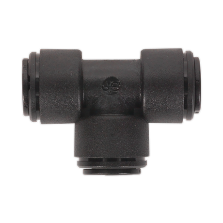 The Equal Tee 8mm (Pack of 5) by Sealey (John Guest Speedfit® - PM0208E) - JGCT8 is a black plastic T-shaped pneumatic fitting with three connection points for tube insertion, seamlessly integrating into the John Guest Speedfit Pneumatic Coupling System.