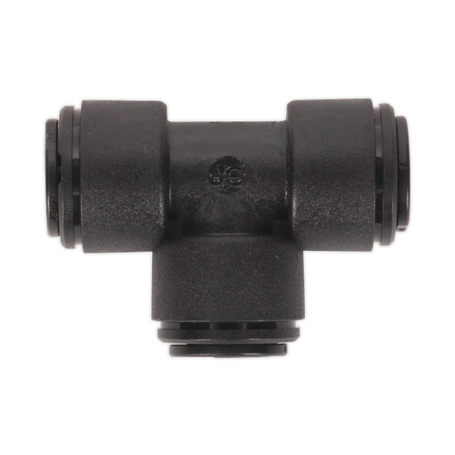 The Equal Tee 8mm (Pack of 5) by Sealey (John Guest Speedfit® - PM0208E) - JGCT8 is a black plastic T-shaped pneumatic fitting with three connection points for tube insertion, seamlessly integrating into the John Guest Speedfit Pneumatic Coupling System.