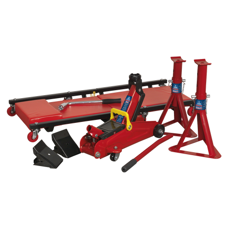 Lifting Kit 5pc 2 Tonne (Inc Jack, Axle Stands, Creeper, Chocks & Wrench) - JKIT01 - Farming Parts