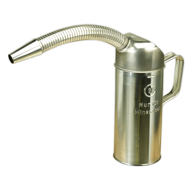 A Sealey Measuring Jug Metal with Flexible Spout 1L - JM1F is depicted against a white background, designed for easy pouring with its long, flexible metal spout and side handle.