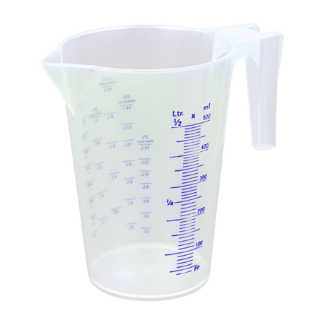 The Sealey Mixture Measuring Jug 500ml - JM500 features a translucent design with a blue, easy-to-read scale in both milliliters and liters, along with a spout for pouring and a convenient handle.