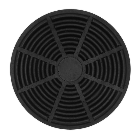 A Safety Rubber Jack Pad - Type A (JP07) by Sealey, featuring a circular black metal grate with a central solid disc and radiating spokes interconnected by concentric rings, reminiscent of its jack saddle design.