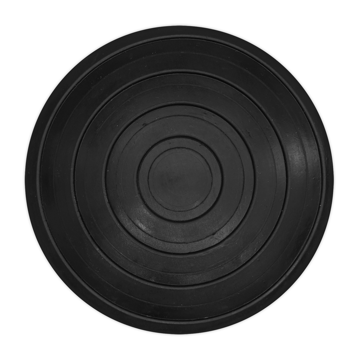 A black circular Safety Rubber Jack Pad with concentric rings, featuring the Type C design by Sealey (JP13).