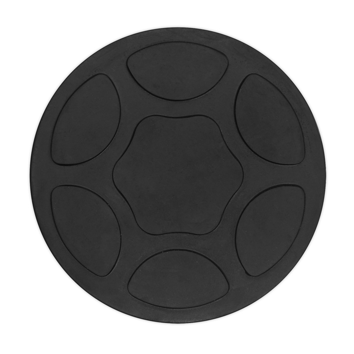 Product Name: Safety Rubber Jack Pad - Type B - JP14  
Brand Name: Sealey
A black, circular rubber center cap for car wheels with a Type B design featuring a pattern of five petal-shaped indentations around the center.