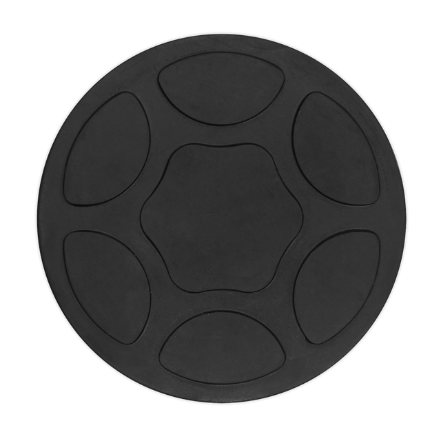 Product Name: Safety Rubber Jack Pad - Type B - JP14  
Brand Name: Sealey
A black, circular rubber center cap for car wheels with a Type B design featuring a pattern of five petal-shaped indentations around the center.