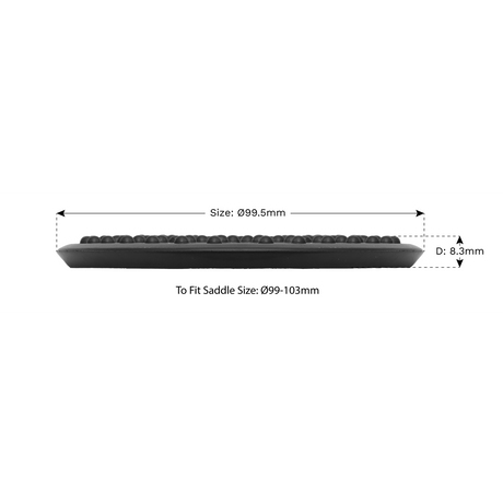 The Sealey Safety Rubber Jack Pad - Type B - JP16 is a circular black object with dimensions of 99.5mm in diameter and 8.3mm in height, designed to fit jack saddle sizes ranging from 99-103mm.