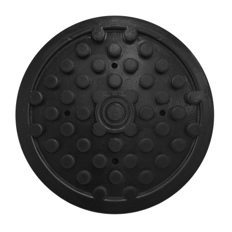 The Safety Rubber Jack Pad - Type C - JP19 by Sealey is a round, black pad made from rubber, featuring an evenly distributed pattern of protruding circular bumps across its surface.