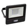 The Sealey Extra Slim Floodlight with PIR Sensor 20W SMD LED - LED112PIR is a black rectangular light with multiple SMD LEDs visible under the protective cover, complete with a mounting bracket and an IP65 rating for ultimate weather resistance.