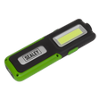 A Sealey Rechargeable Inspection Light, model LED318G, in black and green, featuring a rectangular shape, a side clip, and a super bright 5W COB LED light with an additional 3W SMD LED and power bank functionality—perfect for any task.
