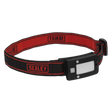 Introducing the Rechargeable Head Torch 2W COB LED Auto-Sensor Black - LED360HT from Sealey, featuring a black and red design with an adjustable head/wrist band. This 360° multifunctional headlamp includes a rectangular light at the front and an auto-sensor function for added convenience.