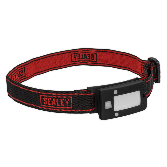 Introducing the Rechargeable Head Torch 2W COB LED Auto-Sensor Black - LED360HT from Sealey, featuring a black and red design with an adjustable head/wrist band. This 360° multifunctional headlamp includes a rectangular light at the front and an auto-sensor function for added convenience.