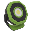 Sealey's Rechargeable Pocket Floodlight with Magnet 360° 7W COB LED - Green (LED700P) is a compact, green and black portable work light that includes a built-in handle and hook, featuring a central LED light and a durable floodlight powered by a lithium-ion battery, emitting 700 lumens.