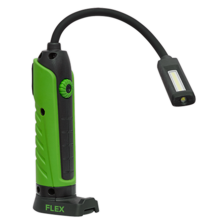 The Sealey Flexi Rechargeable Inspection Light, model LEDFLEXG, is a green and black flexible work light featuring a 5W COB LED and a 3W SMD LED. The base is labeled "FLEX," and it boasts a bendable neck along with an adjustable head for precise illumination, complemented by its versatile 360° design.