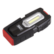 A handheld Sealey Inspection Light 3W COB & 1W SMD LED - Wireless Rechargeable - LEDWC03 in black and red, with a side power button and a magnetic base for easy attachment.