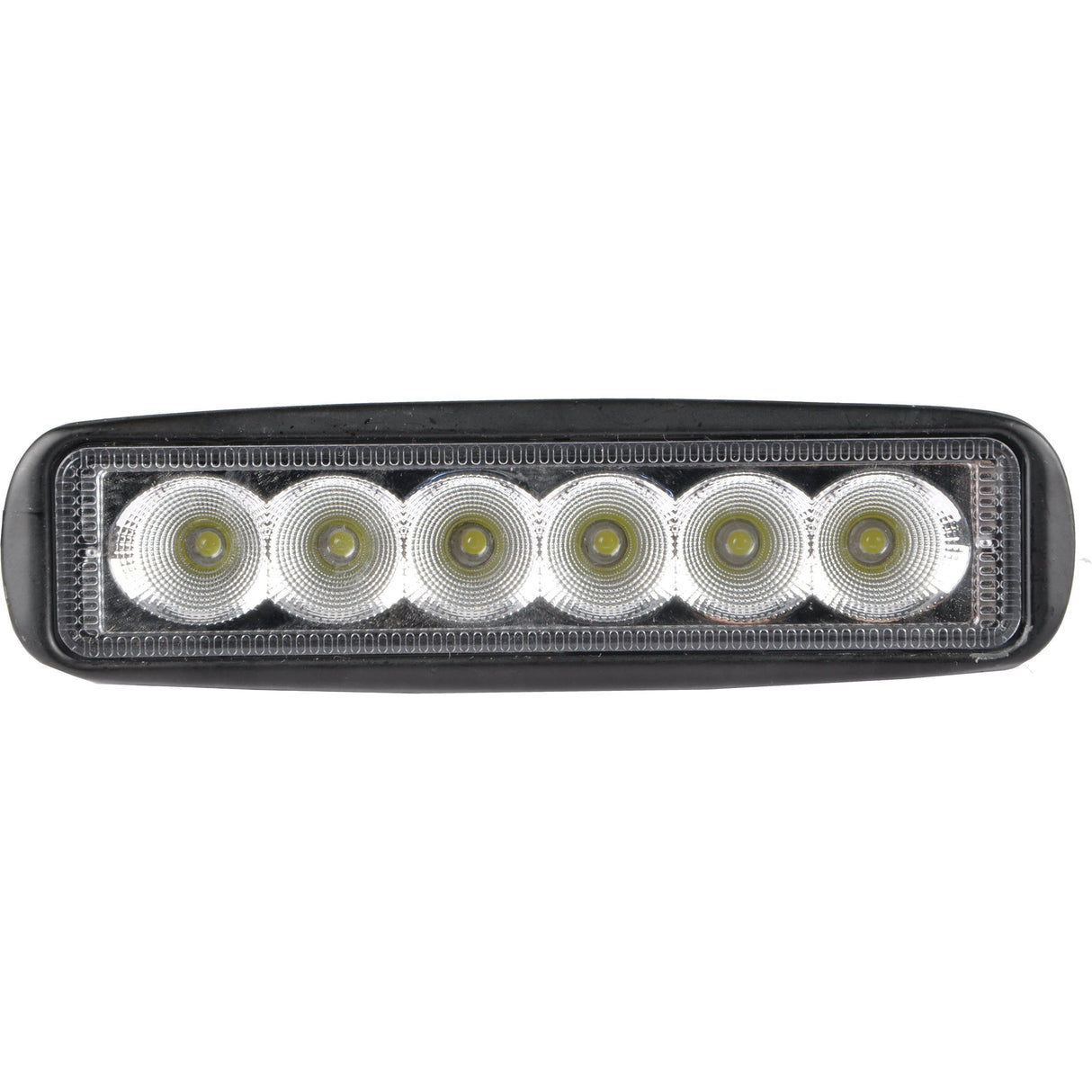The Sparex LED Flat Work Light Bar, featuring six circular LED bulbs arranged in a straight line, delivers 2500 lumens and boasts an IP67 rating for durability.