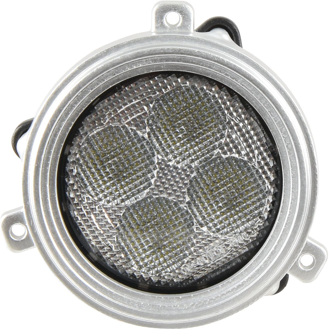 A close-up of the round metal component with a mesh center and three mounting brackets reveals a rugged design reminiscent of the Sparex LED Work Light, Interference Class 3, which features 4800 Lumens Raw and operates within a 10-30V range (Sparex Part No. S.152142).