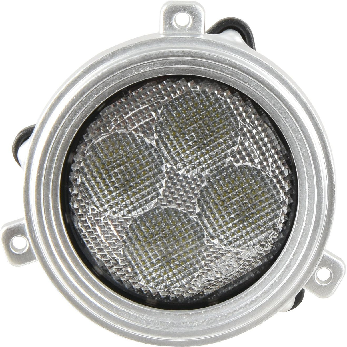 A close-up of the round metal component with a mesh center and three mounting brackets reveals a rugged design reminiscent of the Sparex LED Work Light, Interference Class 3, which features 4800 Lumens Raw and operates within a 10-30V range (Sparex Part No. S.152142).