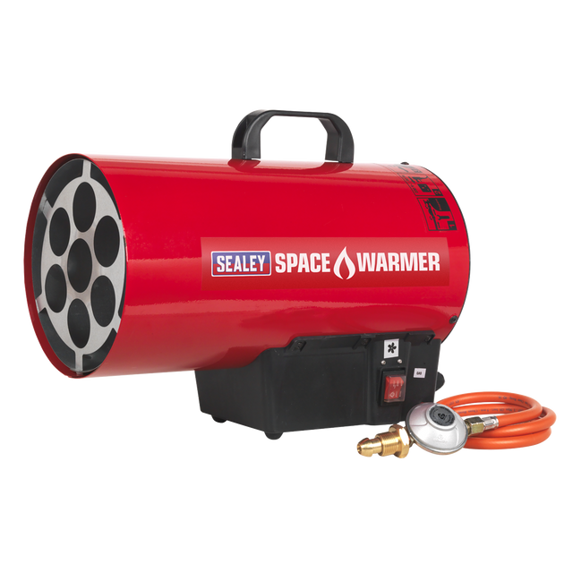 The Sealey Space Warmer® Propane Heater 54,500Btu/hr - LP55 is a red, cylindrical gas heater with a black handle, Piezo Ignition System, and comes with an attached orange gas hose and regulator; perfect for workshop settings.