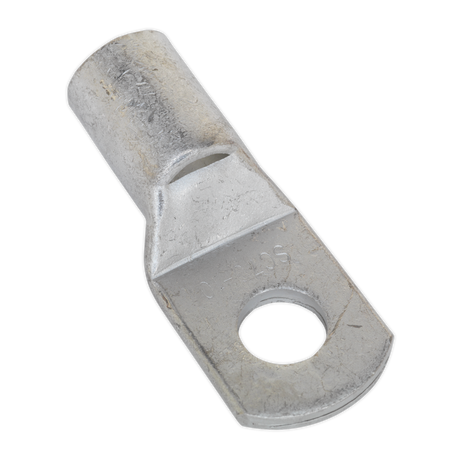 The Sealey Copper Lug Terminal 70mm² x 10mm Pack of 10 - LT7010 features a metallic, cylindrical lug terminal with a flat, rectangular tab that includes a rounded hole and an indentation for securing cables. Made from tin-plated copper, it is designed to be crimped or soldered.
