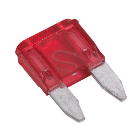 The Sealey Automotive MINI Blade Fuse 10A Pack of 50 - MBF1050 is a small, red fuse with two metal prongs.