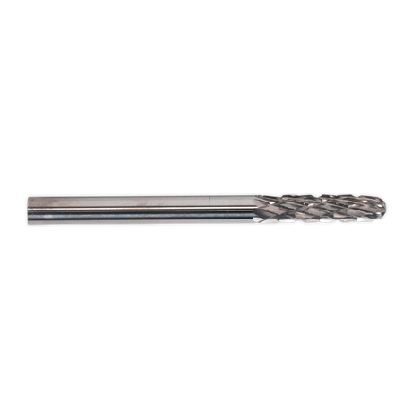 The Sealey Micro Carbide Burr Ball Nose Cylinder 3mm, available in a pack of 3 under model number MCB002, features a cylindrical shank and textured cutting head. It is ideal for material removal and shaping in machining applications, and particularly effective for smoothing welded seams.