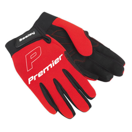 A pair of red and black Sealey Mechanic's Gloves Padded Palm in extra-large (model MG796XL), featuring the letter "P" and the brand name "Premier" on the top side, with a Spandex back for added flexibility.