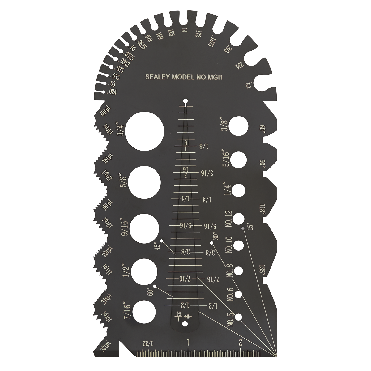 A stainless steel gauge tool with various measurement scales, labeled "Sealey Multi-Gauge - Imperial - MGI1," features circular cutouts, gear-shaped teeth, and angled lines for precise measurements, also serving as a multifunction pitch identification tool.