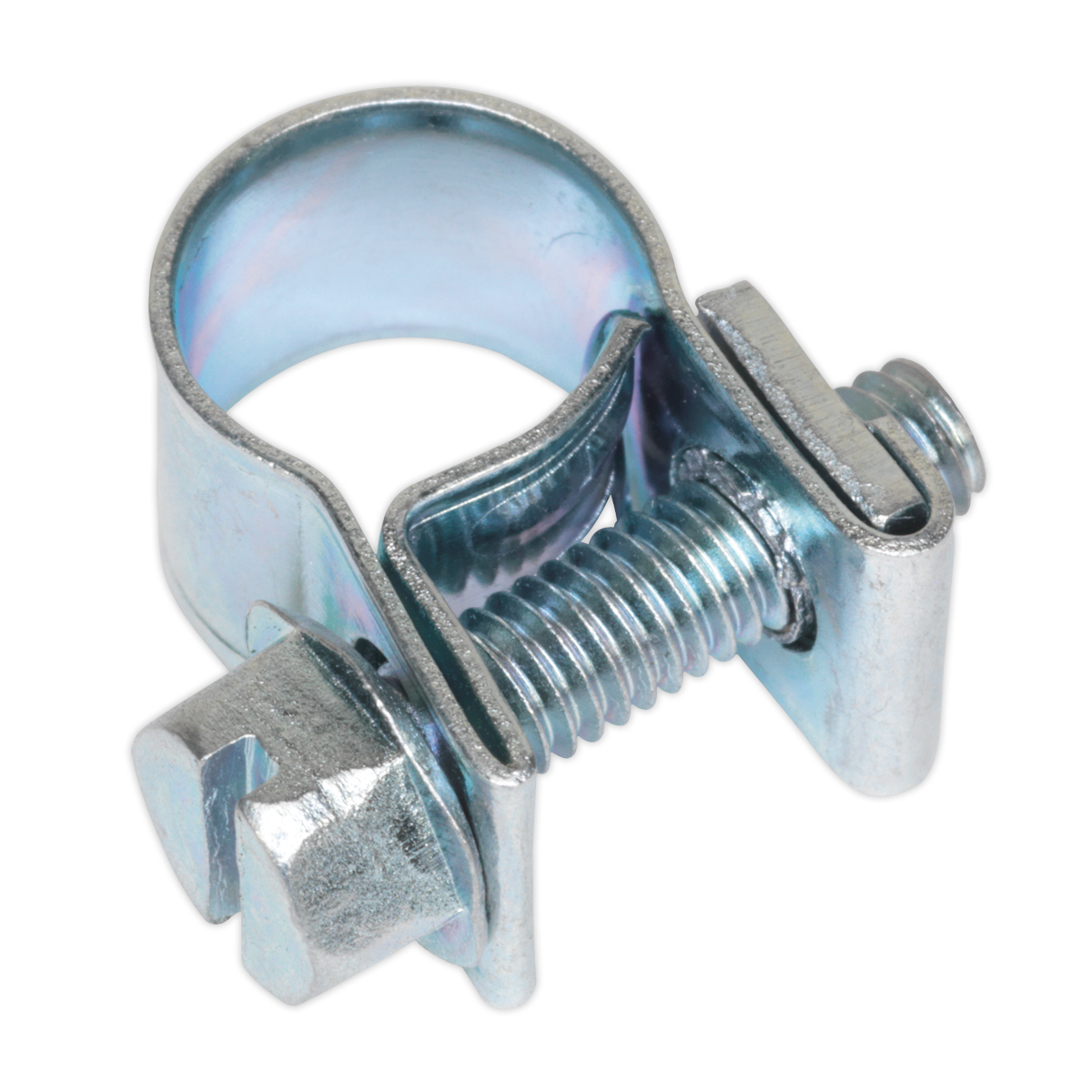 The Sealey Mini Hose Clip Ø7-9mm Pack of 30 (MHC79) features a zinc-plated finish and a threaded screw mechanism for tightening and securing hoses. It complies with DIN 3017 standards.