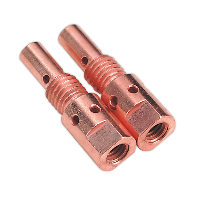 Two Sealey Diffuser Adaptor MB25/36 (MIG913) couplings, featuring a copper-colored metal design with threaded and smooth sections, cylindrical shapes, and multiple small holes—ideal as Powermig adaptors.
