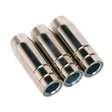 Three Sealey Conical Nozzles MB15 (MIG955) are arranged side by side in a horizontal row, featuring beveled edges and a sleek silver metallic finish.