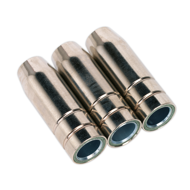 Three Sealey Conical Nozzles MB15 (MIG955) are arranged side by side in a horizontal row, featuring beveled edges and a sleek silver metallic finish.