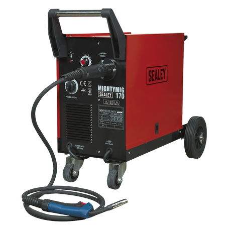 A red and black Sealey Professional Gas/No-Gas MIG Welder 170A with Euro Torch - MIGHTYMIG170, equipped with control knobs, power cable, and welding torch. Perfect for the professional welder.