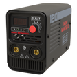 A Sealey Inverter Welder 120A 230V - MINIMW120i, featuring a digital display and adjustment knob on the front, is labeled with "120" and "MINI MW120i" in red and white text. This ultra-compact black welding machine is perfect for mobile technicians needing efficient ARC/MMA weld capabilities.