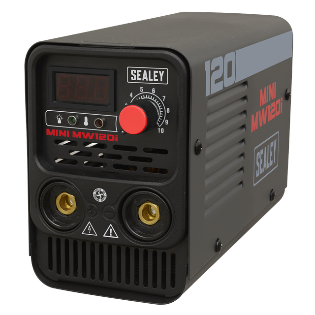 A Sealey Inverter Welder 120A 230V - MINIMW120i, featuring a digital display and adjustment knob on the front, is labeled with "120" and "MINI MW120i" in red and white text. This ultra-compact black welding machine is perfect for mobile technicians needing efficient ARC/MMA weld capabilities.