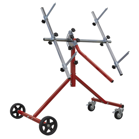 A Sealey Panel Stand - Door, Wing, Bonnet & Bumper - MK51 featuring a red and silver design with wheels and adjustable arms, engineered for optimum maneuverability in lifting and positioning drywall panels.