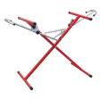 The Sealey Folding Bumper Stand - MK54 is a red, X-shaped metal keyboard stand with adjustable height and rubberized feet, featuring extendable arms to accommodate various keyboard instruments.