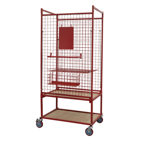 The Car Parts Trolley - MK70 by Sealey, featuring a red metal frame with multiple shelves and a basket, equipped with blue-tinted caster wheels and a side clipboard holder, is perfect for organized storage of car parts.