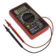 The Digital Multimeter 7-Function - MM19 by Sealey is displayed with black and red test leads. The device, featuring a circular selector switch, has a clear LCD display showing "0.00." It is primarily red with black and yellow accents.