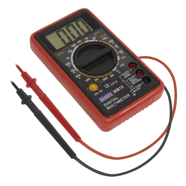 The Digital Multimeter 7-Function - MM19 by Sealey is displayed with black and red test leads. The device, featuring a circular selector switch, has a clear LCD display showing "0.00." It is primarily red with black and yellow accents.