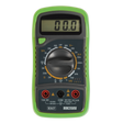 The Sealey Digital Multimeter 8-Function with Thermocouple Hi-Vis - MM20HV, equipped with a green case and an LCD display reading 00.0, includes a rotary dial and multiple inputs for measuring voltage, current, resistance, and even features a temperature probe for enhanced functionality.