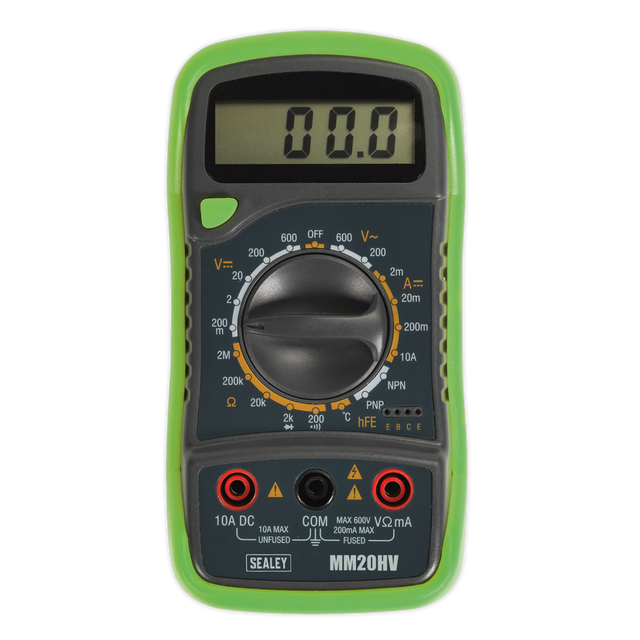 The Sealey Digital Multimeter 8-Function with Thermocouple Hi-Vis - MM20HV, equipped with a green case and an LCD display reading 00.0, includes a rotary dial and multiple inputs for measuring voltage, current, resistance, and even features a temperature probe for enhanced functionality.