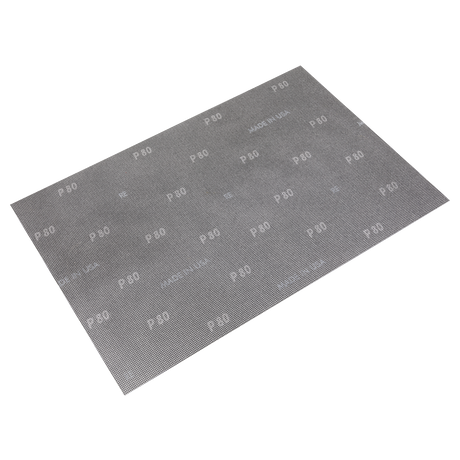 Rectangular sheet of Sealey Mesh Orbital Screen Sheets 12 x 18" 80 Grit from the MOS121880 pack, featuring a durable mesh design, ideal for use with top orbital sander brands.