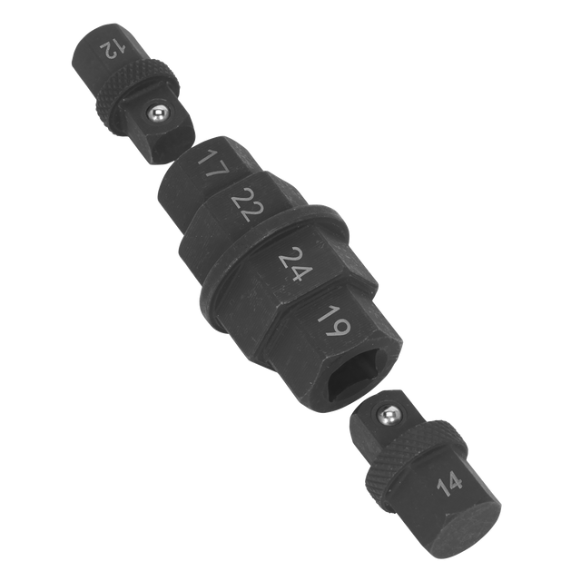 The Sealey Motorcycle Spindle Tool Set 3pc - MS008 includes a black hexagonal stepped socket with various spindle sizes marked on its sides, and two smaller attachment pieces, making it ideal for motorcycle wheel nut adjustments.