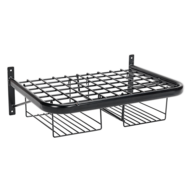 The Sealey Motorcycle Helmet & Gear Tidy (MS081) is a wall-mounted black metal storage rack, crafted from powder-coated steel with two mounting brackets and a grid-like design, perfect for organizing gloves and other items in a garage or workshop.