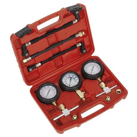 The Sealey Motorcycle Compression & Fuel Pressure Gauge Set 3pc - MS100 is a sturdy red plastic case that includes three gauges, hoses, and connectors designed for measuring pressures in automotive systems.