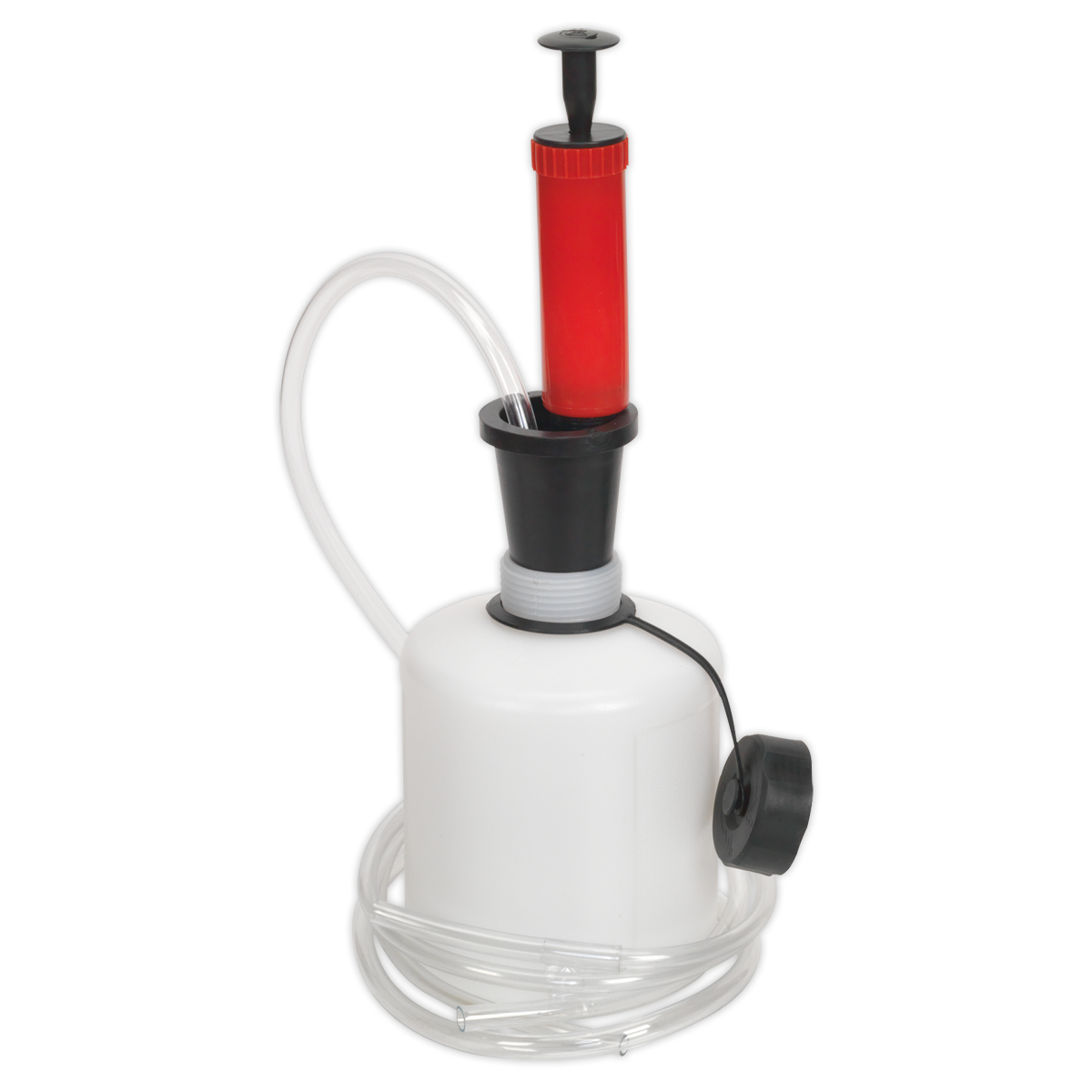 The Sealey Vacuum Oil & Fluid Extractor Manual 1.6L - MS155 is a white device with a 1.6L capacity, featuring a red and black handle, a clear flexible tube, and a black cap attached to the container. Ideal for engine oil extraction, it includes suction probes for easy and efficient operation.