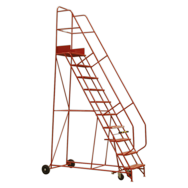 The Sealey Mobile Safety Steps 3-Tread (MSS03) features a robust steel tube construction, non-slip step treads, and wheels at the base for easy movement.