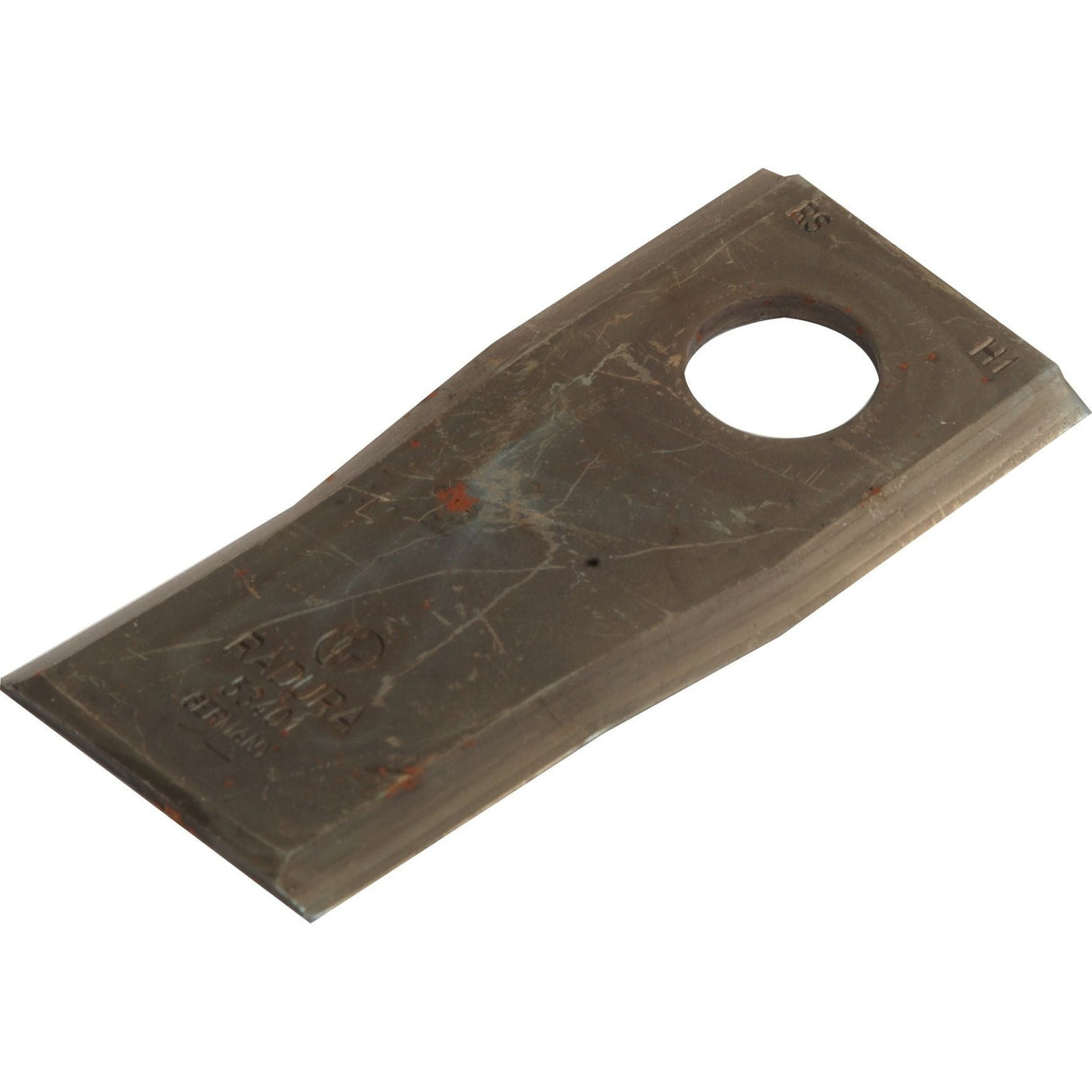 A Sparex Mower Blade (Part No. S.79521), twisted with a sharp top edge, measuring 105 x 47 x 4 mm and featuring a large circular hole (Ø20.5 mm) near one end, designed as a replacement for Kuhn K6801420 and John Deere models, exhibiting slight signs of wear and rust.