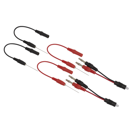 Image showing the Sealey Noid Light Test Lead Set 6pc - NLTS01, featuring six black and red multimeter probes equipped with various connectors including banana plugs, alligator clips, and needle tips. Ideal for diagnostic testing in applications such as automotive 12V actuators.